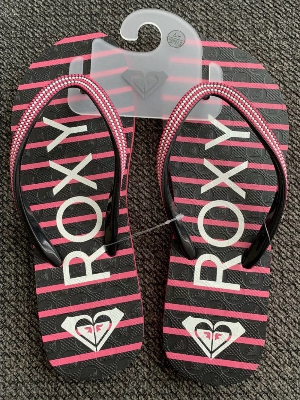 Roxy Women's Black and Pink Striped Flip Flop Sandals
